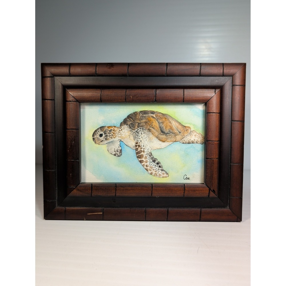 Original Framed Sea Turtle Watercolor Painting Signed Coe Coastal Beach Art 9x7